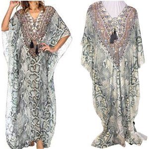 La Moda Kaftan Maxi Dress Cover Up Snake Print Tassel Ethnic India Swim Sheer OS
